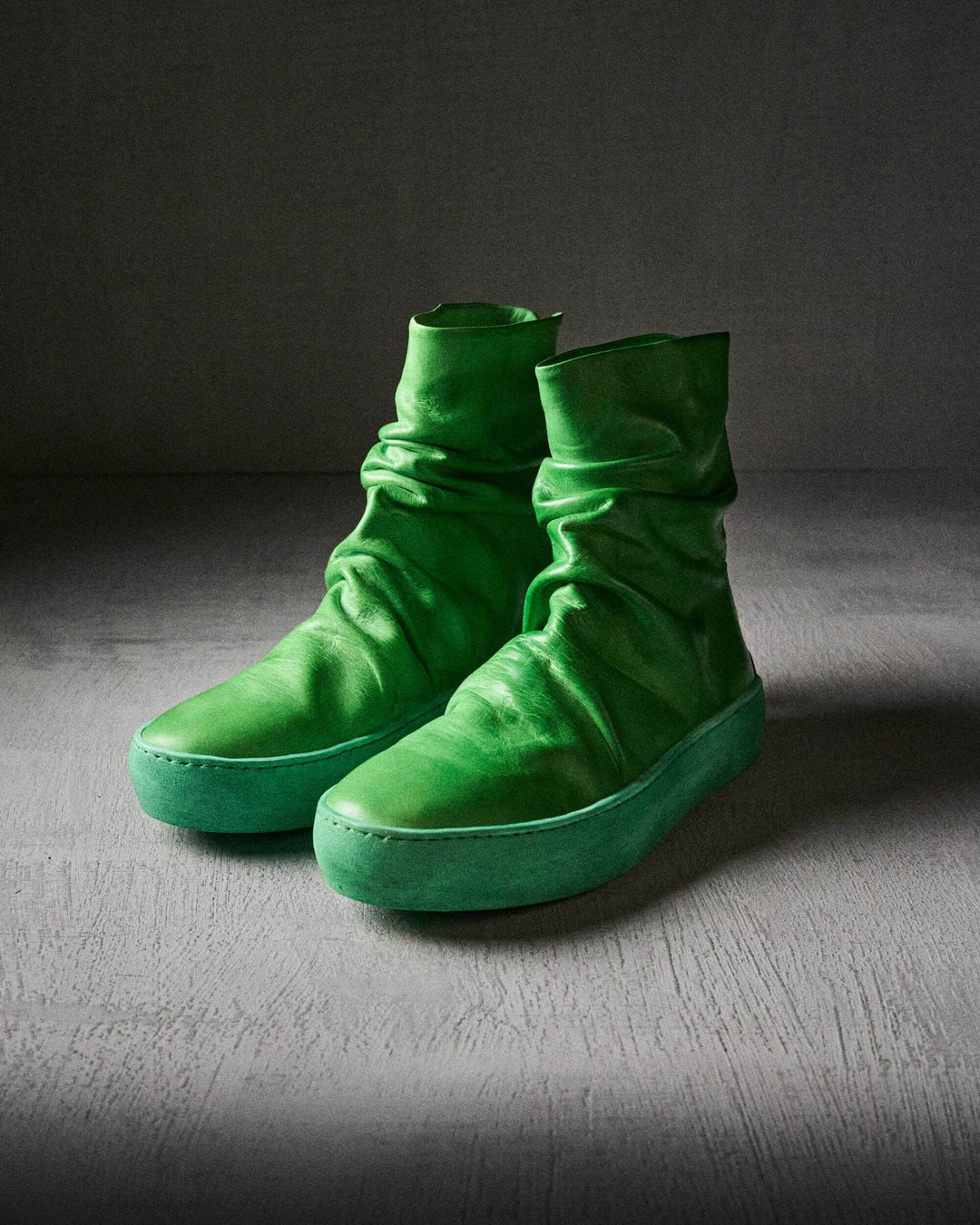 Finn men's acid green leather boot front side view